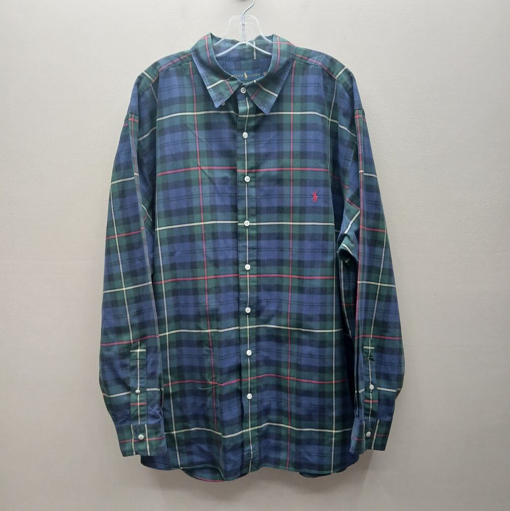 Ralph Lauren Men's Pony Logo Tartan Plaid Button Down Shirt Green Blue Size 2XB